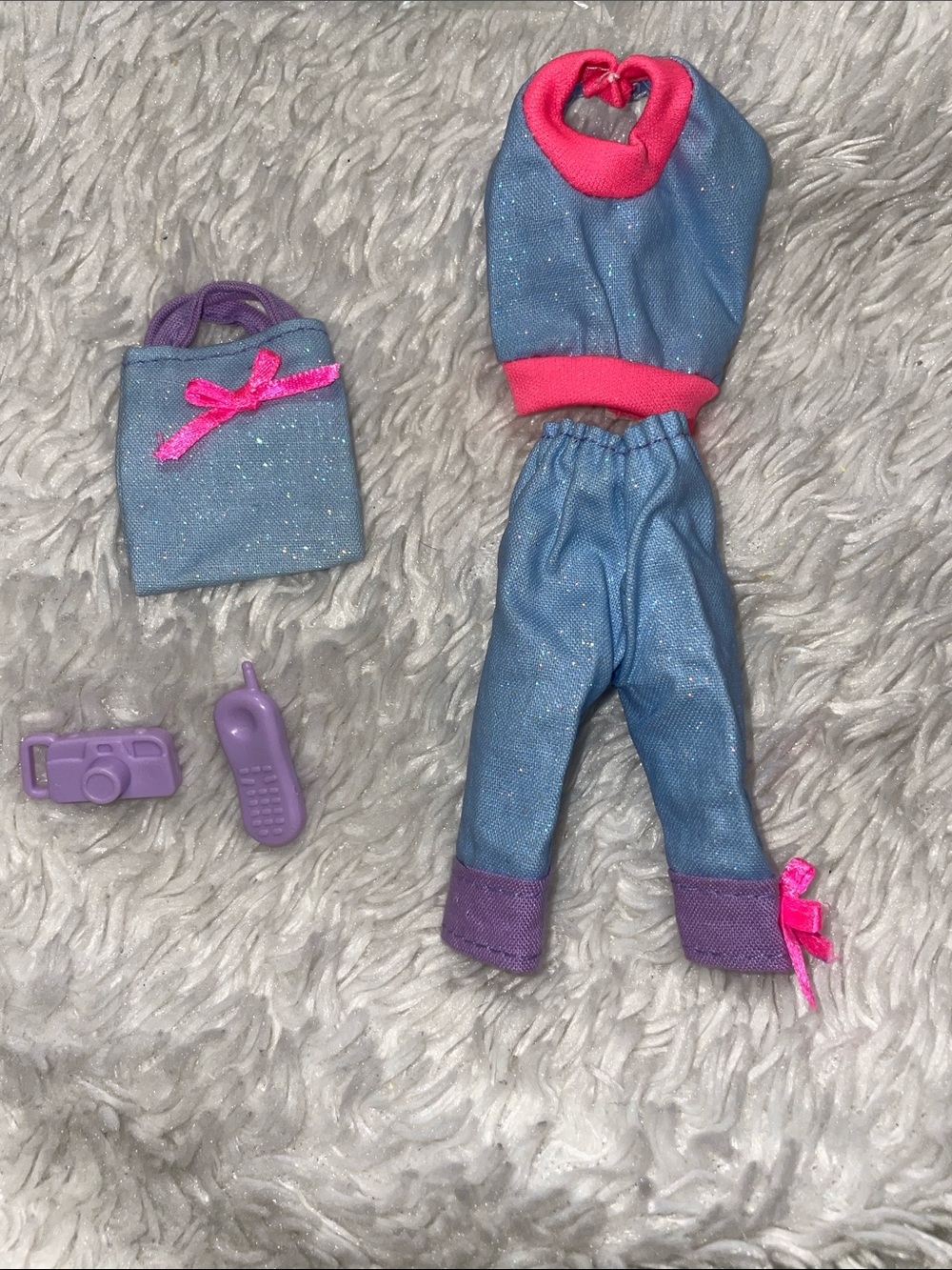 Blue Glitter Barbie Doll Outfit Set with Pink Accents Tote Phone & Camera
